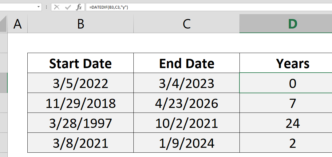 Contar años en el rango de fechas Excel 2 Contar años en el rango de fechas Excel