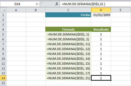 Función Excel CALENDARIO SEMANA 1 Función Excel CALENDARIO SEMANA