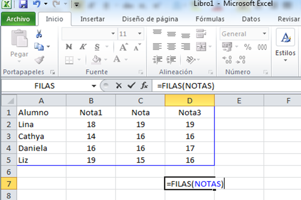 Función FILAS de Excel 1 Función FILAS de Excel